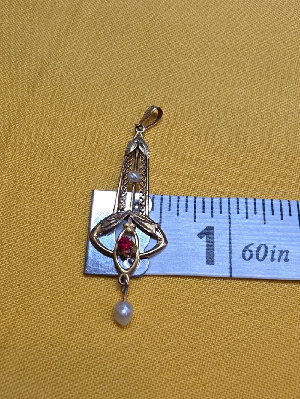 Authentic Edwardian 10K Gold Lavalier Pendant Necklace Drop Ruby Pearl - Picture 10 of 11